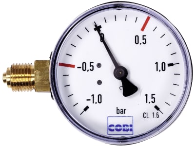 Hücobi Vakuum-Manometer, Anschluss 1/4" links, -1 bis 1,5 bar, Rote Markierung -0,5 bar; +0,5 bar, 8110 006005 Hücobi Vakuum-Manometer, Anschluss 1/4" links, -1 bis 1,5 bar, Rote Markierung -0,5 bar; +0,5 bar, 8110 006005
