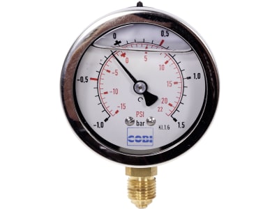 Hücobi Glyzerin-Vakuum-Manometer, Anschluss 1/4" unten, -1 bis 1,5 bar, Rote Markierung -0,5 bar; +0,5 bar, 8113 006005 Hücobi Glyzerin-Vakuum-Manometer, Anschluss 1/4" unten, -1 bis 1,5 bar, Rote Markierung -0,5 bar; +0,5 bar, 8113 006005