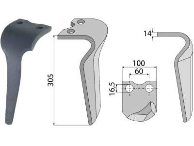 Industriehof® Kreiseleggenzinken links 100 x 305 x 14 mm, Bohrung 16,5 mm für Morra, Pegoraro, RH-96-L