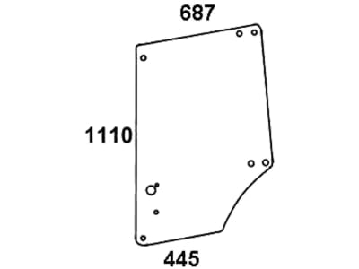 Türscheibe, klar, oben links/rechts, Länge 445 mm; 687 mm, für John Deere Traktor 1000, 2000, Kabine MC-1; CC-2