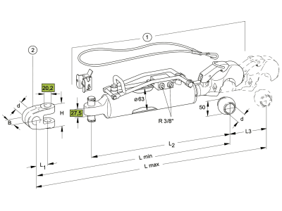 Walterscheid Hydraulischer Oberlenker "HOLHS-C90", Kat. 3, Hub 250 mm, Gabelgelenk (ohne Gabelkopf), Fanghaken, 1309539