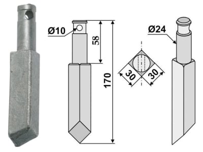 Industriehof® Rotorzinken links/rechts 170 x 30 x 30 mm, Bohrung 10 mm für Rau, RH-74