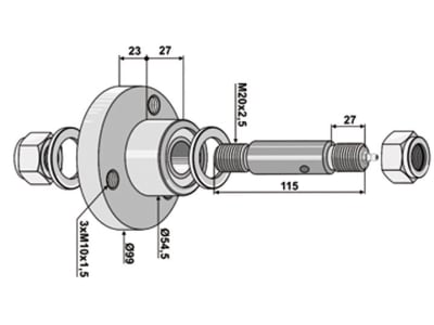 "Industriehof® Lagerung M 20 x 2,5, Ø außen 54,5 mm; 100 mm, Lochkreis 80 mm, für Sechscheibe von Agrolux, Great Plains, John Deere, Kverneland, Lemken, Massey Ferguson, Rabe, Vredo, Överum", 31-0094