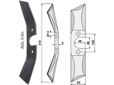 Industriehof® Rollspatenmesser links 410 x 65 x 9 mm Bohrung 13 mm für Direktsaatmaschine "Pöttinger-Rabe", 31-431RL