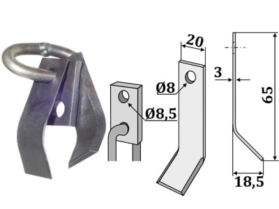 Industriehof® Y-Messer 65 x 20 x 3 mm, Bohrung 8,5 x 8 mm, für Carroy et Giraudon, Rapid, RMV, Tornedo, Wiwexa, Kubota, 63-TOR-52