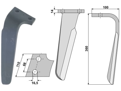 Industriehof® Kreiseleggenzinken links/rechts 110 x 360 x 14 mm, Bohrung 16,5 mm für Kuhn