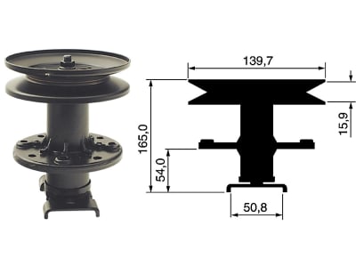 Messerspindel, Höhe bis Flansch 54 mm, Höhe bis Oberkante 165 mm für Bolens, Gutbrod, Hako, MC Culloch, Noma und Partner: 36'', 38", 43" und 45" bis Bj. 93