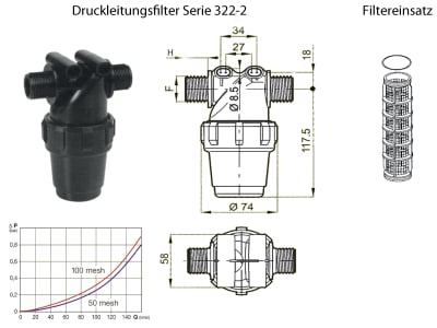 Agrotop Druckleitungsfilter "322-2" Filter 80 M gelb, Edelstahl/30 cm², G 1/2" AG (BSP), max. 14 bar, 14902