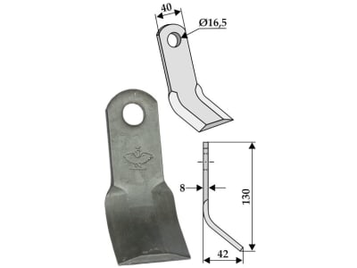 Industriehof® Y-Messer 130 x 40 x 8 mm, Bohrung 16,5 mm, für Kuhn, Nobili, Orsi, Vogel & Noot, Wiwexa, 63-NOB-16