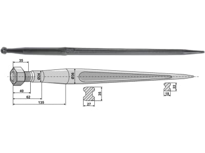 Industriehof® Frontladerzinken 900 mm, M 22 x 1,5, spitz, gerade, für Baas, Trima, 18917