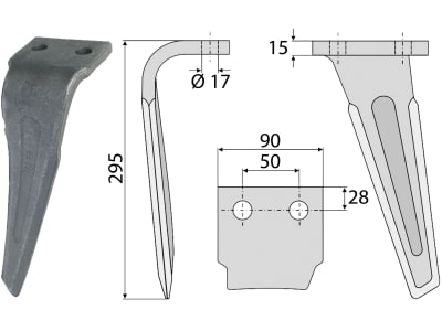 Industriehof® Kreiseleggenzinken links 90 x 295 x 15 mm, Bohrung 17 mm für Sicma, RH-114-L