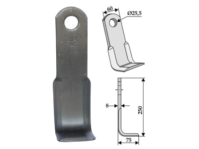 Industriehof® Y-Messer 250 x 60 x 8 mm, Bohrung 25,5 mm, Tiefe 75 mm, für Agrimaster, 63-FEI-03