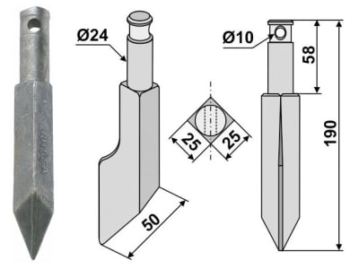 Industriehof® Rotorzinken links/rechts 190 x 25 x 25 mm, Bohrung 10 mm für Rau, RH55A