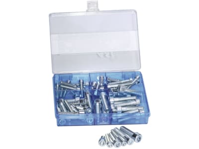 Innensechskantschrauben-Sortiment 53-teilig in Kunststoffbox, DIN 912, verzinkt Innensechskantschrauben-Sortiment 53-teilig in Kunststoffbox, DIN 912, verzinkt