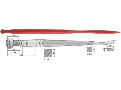 Industriehof® Löffelzinken 1.400 mm, M 30 x 2, spitz, mit konischer Mutter, für Kverneland, 181413