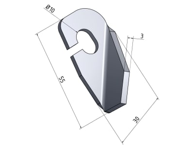 Flügelmesser, 55 x 30 x 3 mm, Bohrung 10 mm; 14 mm, Tiefe 38 mm, rechts, kurz, abgewinkelt, für Amazone GH02, GHL02, GHLT02