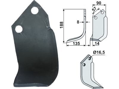 Industriehof® Fräsmesser rechts 188 x 90 x 8 mm, Bohrung 16,5 mm für Kuhn, KUH-73R