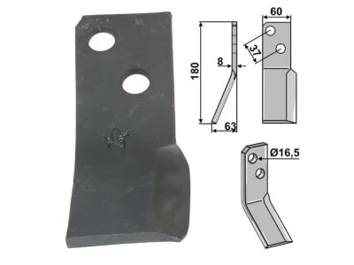 Industriehof® Rotorzinken links/rechts 180 x 60 x 8 mm, Bohrung 16,5 mm für Massano