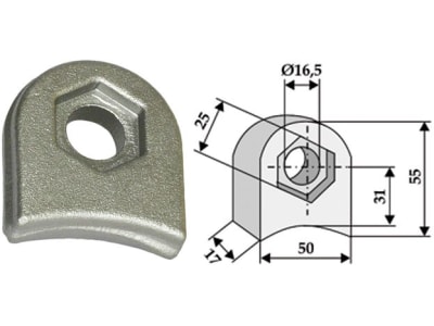 Industriehof® Halter 55 x 50 x 17 mm, Bohrung 16,5 mm, mit Sechkantansatz universal Schlegelmesser, 63-RM-904 Industriehof® Halter 55 x 50 x 17 mm, Bohrung 16,5 mm, mit Sechkantansatz universal Schlegelmesser, 63-RM-904