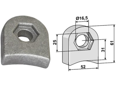 Industriehof® Halter 61 x 52 x 18 mm, Bohrung 16,5 mm, mit Sechkantansatz Sicma Schlegelmesser, 63-RM-917