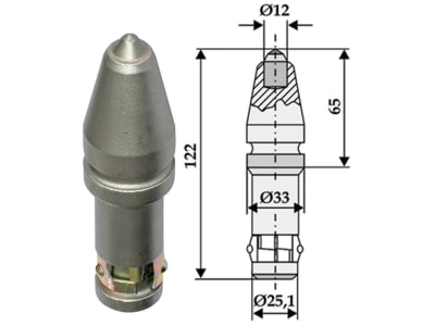 Industriehof® Rundschaftmeißel für Grabenfräse mit Hartmetalleinsatz mit steiler Spitze, Ø Anschluss 25,1 mm, Ø 12 mm; 33 mm, 635-0028