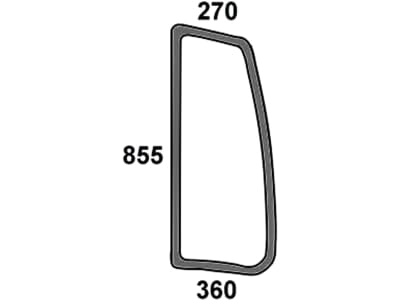 Seitenscheibe 270/360 x 855 x 5 mm x 5 mm links, grün, Siebdruck, geklebt, für Traktor Deutz-Fahr, Same, Lamborghini, Hürlimann