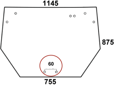 Heckscheibe, klar, Abstand Bohrungen unten 60 mm, für Deutz-Fahr Agrofarm, Agroplus, Hürlimann XA, XB, Same Dorado, Explorer, Roller, Sprint, Kabine Agrofarm; Agroplus; R 2 Cab; R 3 Cab