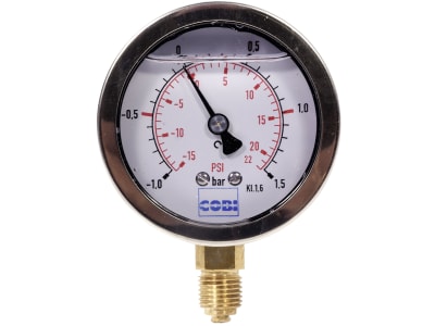 Hücobi Glyzerin-Vakuum-Manometer, Anschluss 1/4" unten, -1 bis 1,5 bar, Rote Markierung -0,5 bar; +1,0 bar, 8113 006010