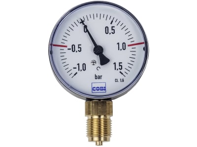 Hücobi Vakuum-Manometer, Anschluss 1/2" unten, -1 bis 1,5 bar, Rote Markierung -0,5 bar; +1,0 bar, 8114 013010 Hücobi Vakuum-Manometer, Anschluss 1/2" unten, -1 bis 1,5 bar, Rote Markierung -0,5 bar; +1,0 bar, 8114 013010