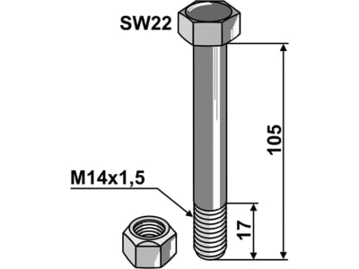 Industriehof® Sechskantschraube M 14 x 1,5 x 105 - 10.9 mit Sicherungsmutter für Bomford, Müthing, Spearhead, 63-14115