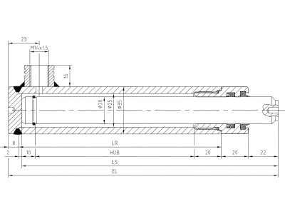 Schema Hydraulikzylinder "E40", einfachwirkend ohne Befestigung, Ø Zylinder 60 mm, Ø Kolben 40,0 mm, Hub 100 mm Schema Hydraulikzylinder "E40", einfachwirkend ohne Befestigung, Ø Zylinder 60 mm, Ø Kolben 40,0 mm, Hub 100 mm
