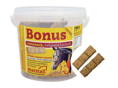 marstall® Bonus Leinsnack Pferdeleckerlis mit Leinsamen als praktische Riegel 5 kg Eimer