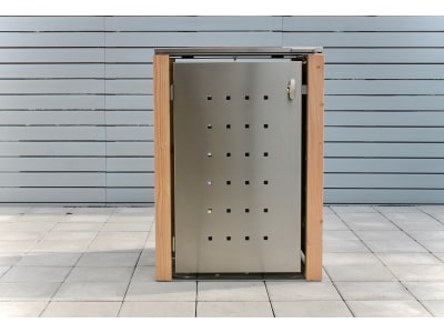 Indra 1er Mülltonnenbox Edelstahl mit Lärchenpfosten 120 Liter Mülltonnenverkleidung, Müllbox, Mülltonnenhaus Indra 1er Mülltonnenbox Edelstahl mit Lärchenpfosten 120 Liter Mülltonnenverkleidung, Müllbox, Mülltonnenhaus