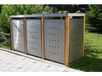 Indra 3er Mülltonnenbox Edelstahl mit Lärchenpfosten 240 Liter Mülltonnenverkleidung, Müllbox, Mülltonnenhaus Indra 3er Mülltonnenbox Edelstahl mit Lärchenpfosten 240 Liter Mülltonnenverkleidung, Müllbox, Mülltonnenhaus