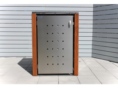 Indra 1er Mülltonnenbox Edelstahl mit Bangkiraipfosten 120 Liter Mülltonnenverkleidung, Müllbox, Mülltonnenhaus Indra 1er Mülltonnenbox Edelstahl mit Bangkiraipfosten 120 Liter Mülltonnenverkleidung, Müllbox, Mülltonnenhaus