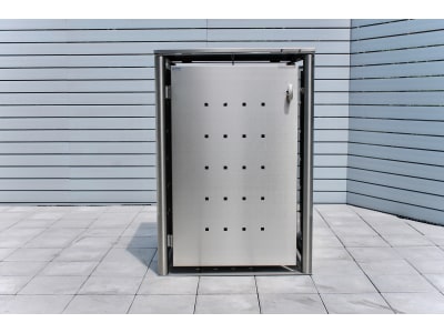 Indra 1er Mülltonnenbox Edelstahl mit Rundpfosten 240 Liter Mülltonnenverkleidung, Müllbox, Mülltonnenhaus Indra 1er Mülltonnenbox Edelstahl mit Rundpfosten 240 Liter Mülltonnenverkleidung, Müllbox, Mülltonnenhaus
