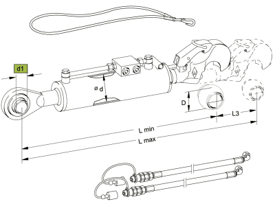 Walterscheid Hydraulischer Oberlenker "HOLKH" Kat. 3/70, bis 103 kW, d 70 mm, d1 32,2 mm, Hub 210 mm, Kugelgelenk und Fanghaken, 1204867