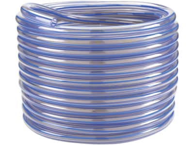Milchschlauch 12,7 x 21 mm, 30 m, PVC (Polyvinylchlorid), transparent, 1 blauer Streifen Milchschlauch 12,7 x 21 mm, 30 m, PVC (Polyvinylchlorid), transparent, 1 blauer Streifen