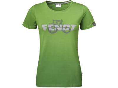 Fendt T-Shirt für Damen grün; grau, Logo-/Traktoraufdruck vorn, Logo hinten, mit Farbverlauf