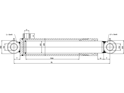 Schema Hydraulikzylinder "EQB25", einfachwirkend mit Querbuchsen, Ø Zylinder 45 mm, Ø Kolben 25,0 mm, Hub 1.000 mm Schema Hydraulikzylinder "EQB25", einfachwirkend mit Querbuchsen, Ø Zylinder 45 mm, Ø Kolben 25,0 mm, Hub 1.000 mm