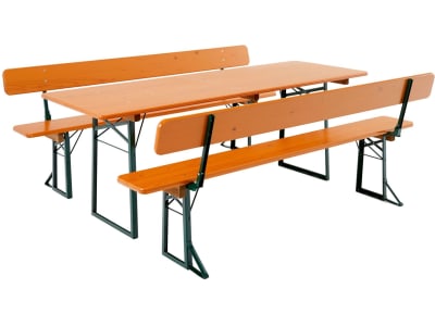 RUKU Bierzeltgarnitur 3-tlg., 220 cm, 75 cm breiter Tisch 1 Tisch + 2 Bänke mit Lehne  Kiefer lasiert 3-teilig