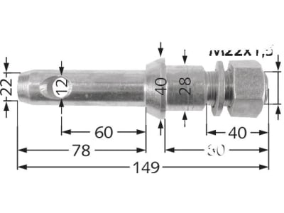 Unterlenkerbolzen Kat. 1/2 Länge 149 mm, Ø 22 mm; 28 mm, M 22 x 1,5 Unterlenkerbolzen Kat. 1/2 Länge 149 mm, Ø 22 mm; 28 mm, M 22 x 1,5