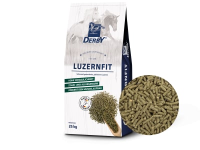DERBY® Luzernfit getrocknet und pelletiert für Pferde 25 kg Sack DERBY® Luzernfit getrocknet und pelletiert für Pferde 25 kg Sack