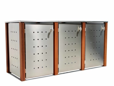 Indra 3er Mülltonnenbox Edelstahl mit Bangkiraipfosten 120 Liter Mülltonnenverkleidung, Müllbox, Mülltonnenhaus Indra 3er Mülltonnenbox Edelstahl mit Bangkiraipfosten 120 Liter Mülltonnenverkleidung, Müllbox, Mülltonnenhaus