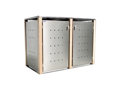 Indra 2er Mülltonnenbox Edelstahl mit Lärchenpfosten 120 Liter Mülltonnenverkleidung, Müllbox, Mülltonnenhaus Indra 2er Mülltonnenbox Edelstahl mit Lärchenpfosten 120 Liter Mülltonnenverkleidung, Müllbox, Mülltonnenhaus