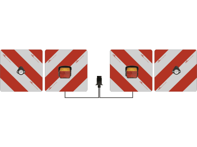 Warntafelsatz "Folie Typ 1" links/rechts 423 x 423 mm rot; weiß, beidseitig beklebt, LED-Positionsleuchte vorn, LED-Schlussleuchte ROM IV mit Blinkerausfallkontrolle, anschlussfertig, 7-polig Warntafelsatz "Folie Typ 1" links/rechts 423 x 423 mm rot; weiß, beidseitig beklebt, LED-Positionsleuchte vorn, LED-Schlussleuchte ROM IV mit Blinkerausfallkontrolle, anschlussfertig, 7-polig