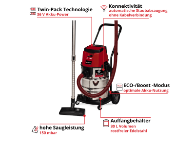 EINHELL Set - Professional Akku-Nass-Trockensauger TP-VC 36/30 S Auto  inkl. 1x Twincharger PXC Starter-Kit mit 2x 4 Ah Akkus & 1x Twincharger Ladegerät