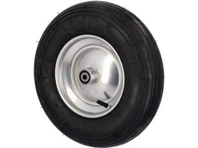 Knochenmuß Komplettrad 400x100, 4.80/4.00-8 4 PR Rille, Felge Stahlblech, silber lackiert, Kugellager, Nabe 100 x 17 mm