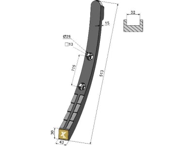 Industriehof® Schmalschar "eXtreme® CARBIDE LINE", Hartmetall, 513 x 43 mm für Grubber Köckerling, Maschio, 101.EXT-1041