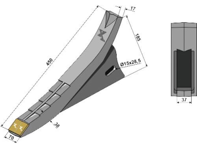 Industriehof® Scharspitze "eXtreme® CARBIDE LINE", 450 x 70 x 38 mm, Bohrung 28 x 15 mm, Hartmetall, für Tiefenlockerer Gaspardo, Maschio, 101.EXT-1079